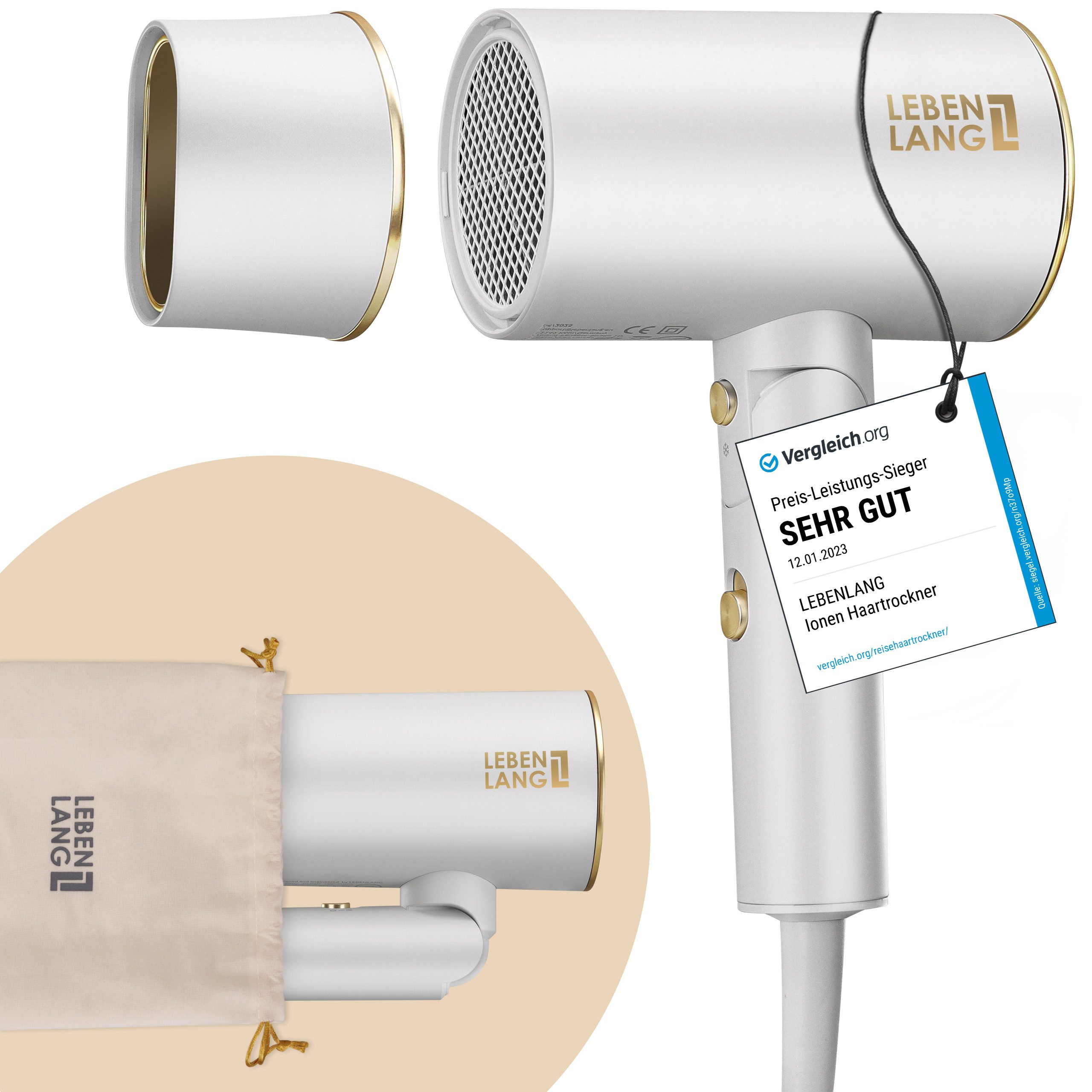 Lebenlang Haartrockner Föhn Ionen - Anti-Spliss mit Kaltluft Modus klappbar klein I Reiseföhn, 2100,00 W, Ionisch Frizzfrei, Präzisionsdüse, Klappgriff, Ultra-leise, 2100W