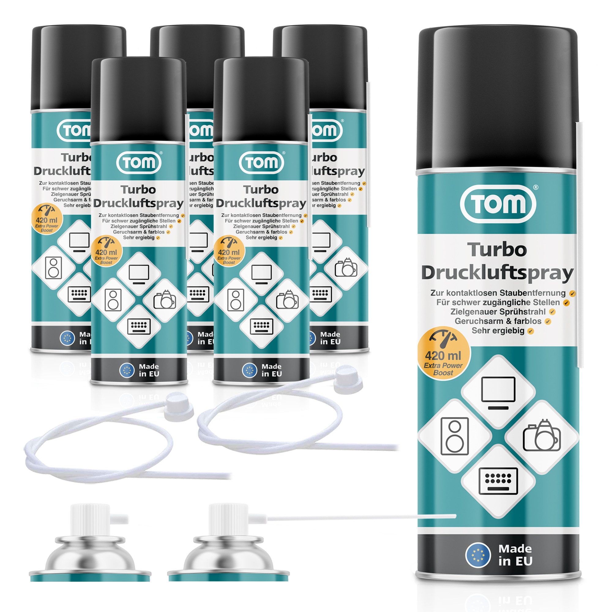 TOM Reinigungs-Set Druckluftspray 2in1 Eisspray 420ml, (6-St), mit Verlängerungen, bis -50°C, 65° Neigbar
