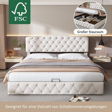 BlingBin Polsterbett Funktionsbett Stauraumbett Doppelbett PU 180*200CM (mit Lattenrost und Kopfteil, Hydraulisch anhebbarer Bettstauraum, Mit FSC-Zertifikat, weiß), mit Bettkasten, Es stehen zwei Materialien zur Auswahl