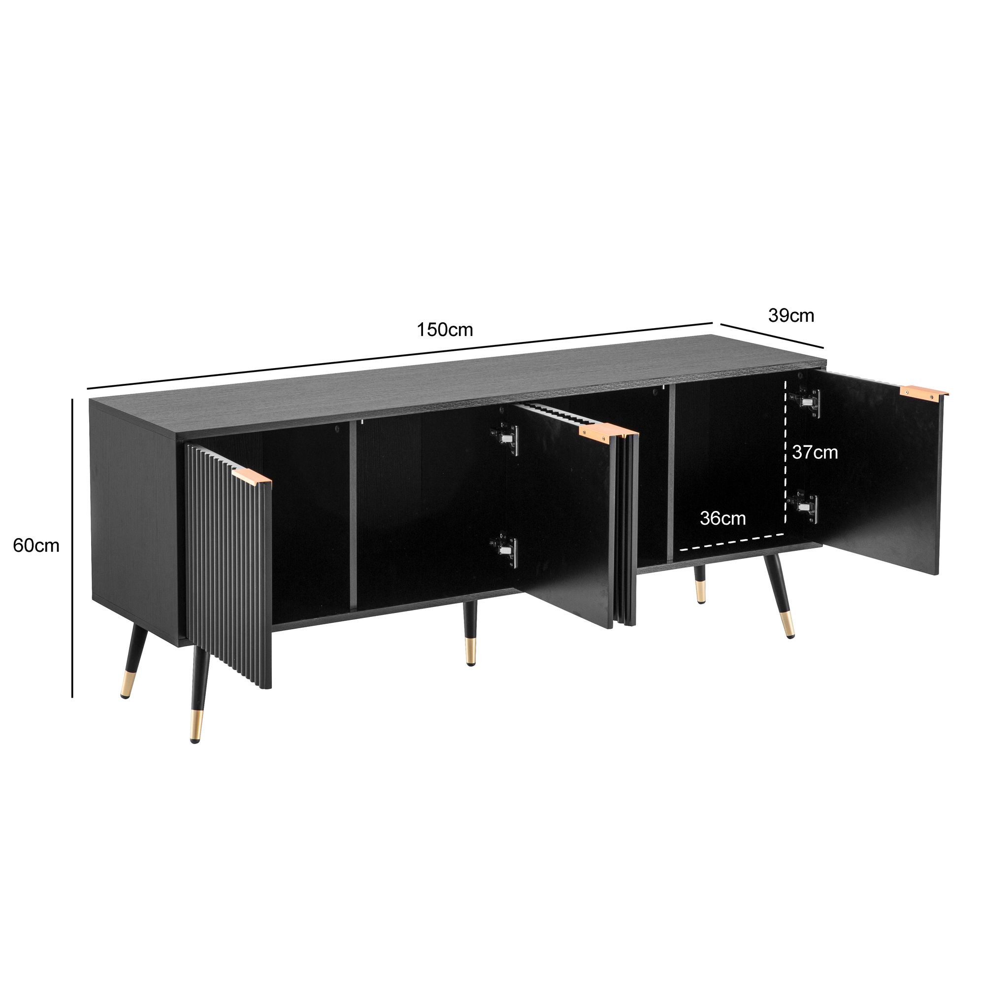 FINEBUY Lowboard FB103277 TV Schrank 150 cm Schwarz Türen Fernsehkommode Eiche Modern (TV-Kommode Hoch, TV-Schrank Modern Fernsehtisch), Schwarz Eiche-Dekor, 150x60x39 cm, vier Türen