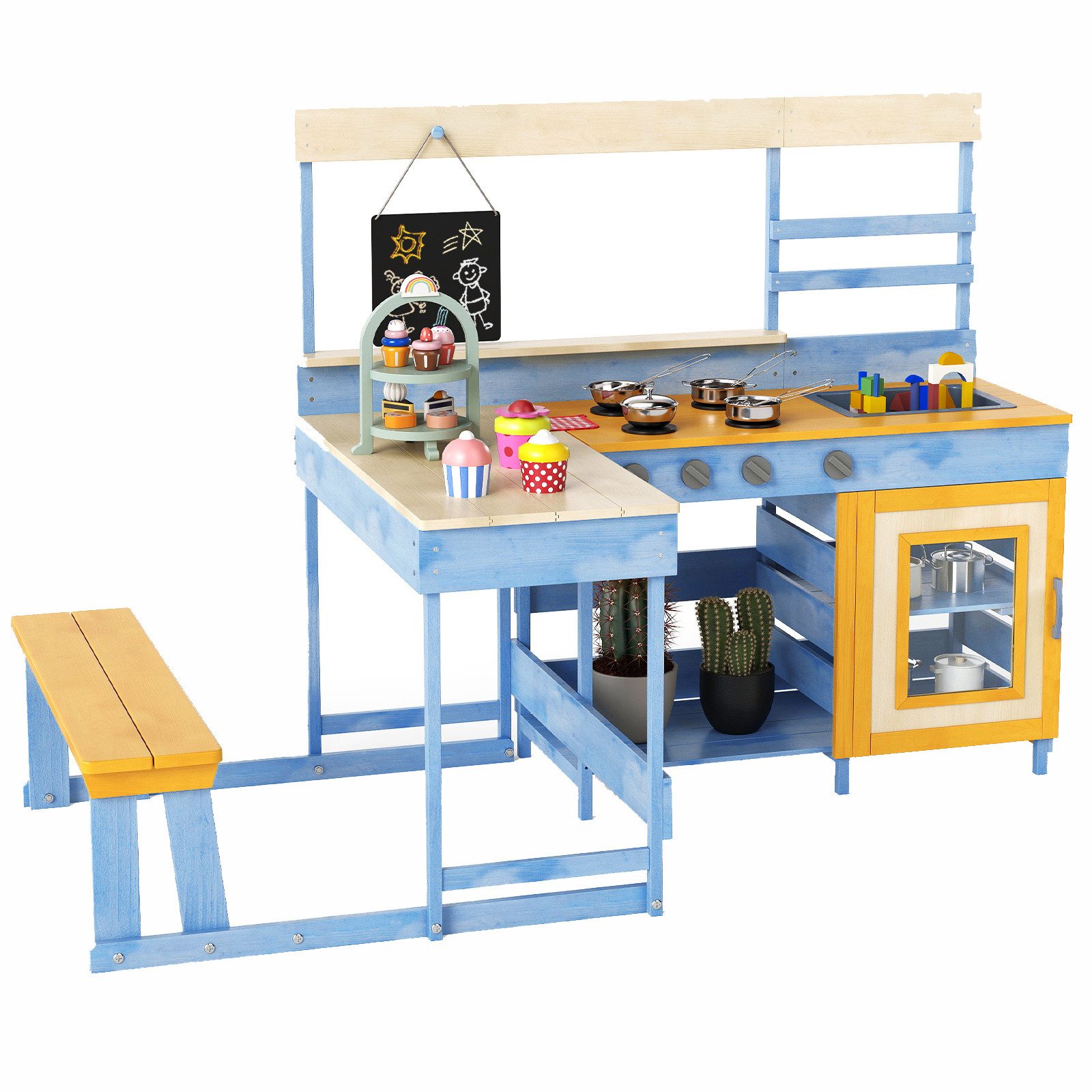 KOMFOTTEU Outdoor-Spielküche 2 in 1 Matschküche, mit Picknicktisch & Bank, 136x77x56.5cm