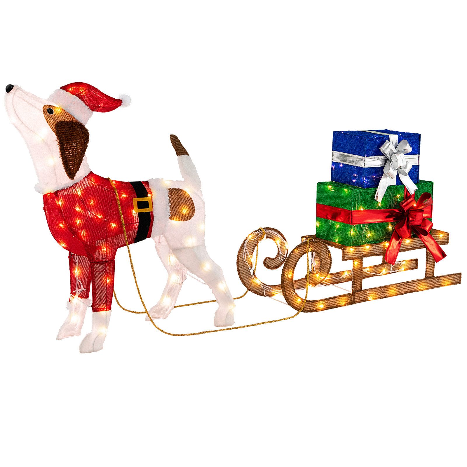 COSTWAY Weihnachtsfigur, mit Schlitten & Geschenkboxen, mit 170 LED-Lichtern