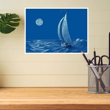 wandmotiv24 Poster Meer, Boot, Mond, Kunst & Gemälde (1 St), Wandbild, Wanddeko, Poster in versch. Größen