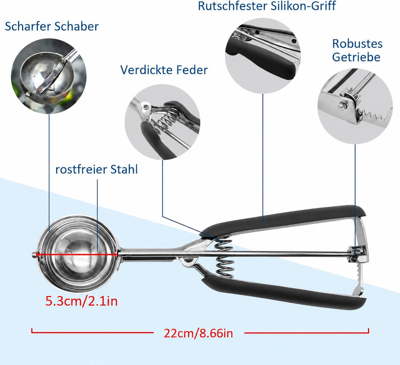 ibettertec Eisportionierer mit Auslöser, 304 Edelstahl, für Eis, Melone & Keksteig