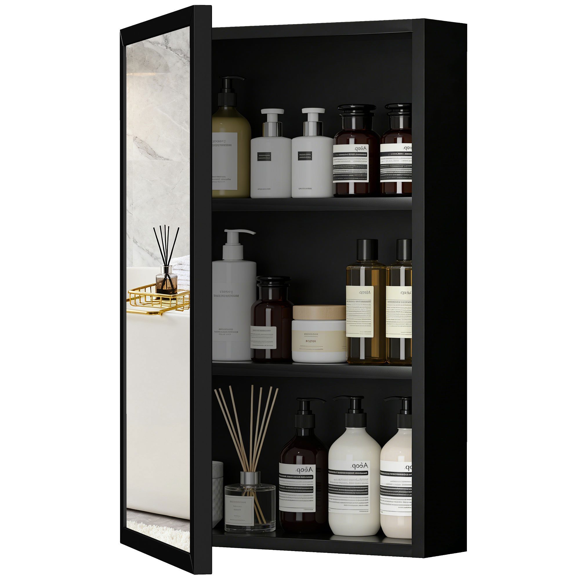 BAYMATE Spiegelschrank Badezimmer-Spiegelschrank, Wandschrank (mit 1 Tür und 2 Einlegeböden, Stahl, 40 x 12 x 60 cm, schwarz)