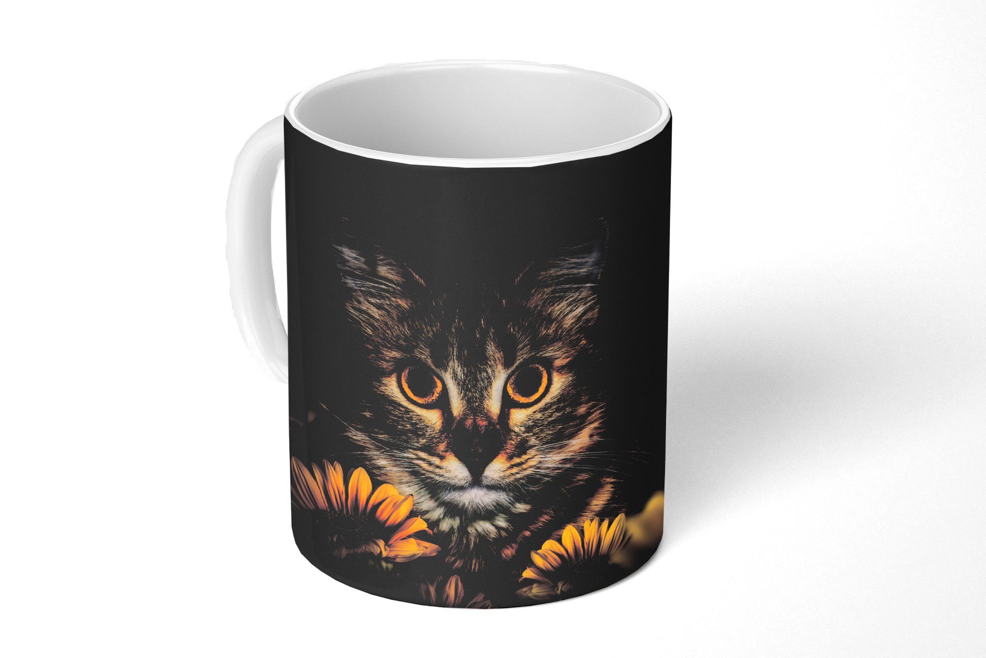 MuchoWow Tasse Katze - Gelb - Blumen - Botanisch, Keramik, Kaffeetassen, Teetasse, Becher, Teetasse, Geschenk