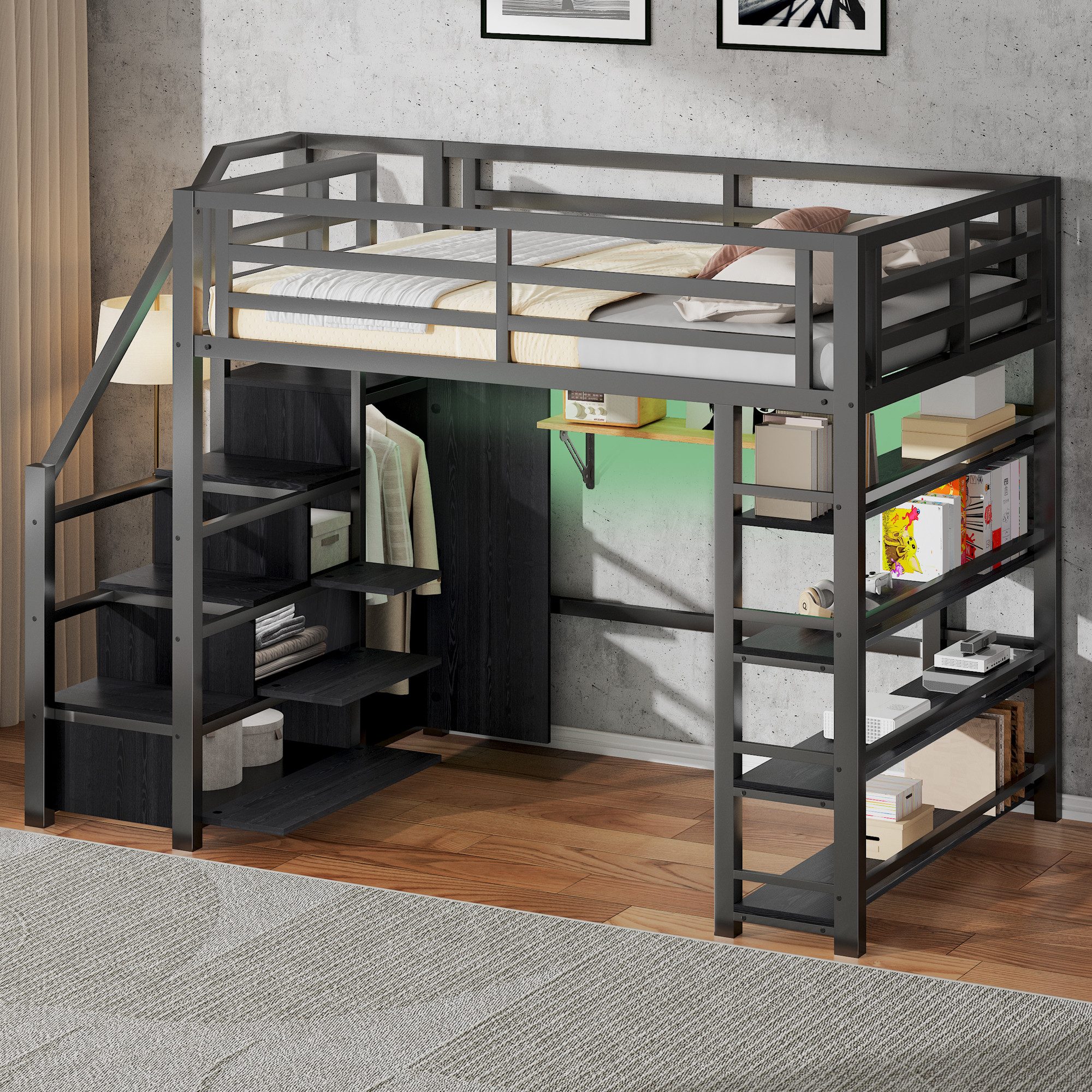 Merax Hochbett 140x200cm mit LED-Beleuchtung (255 × 145,5 × 170 cm, 1-St., Etagenbett Jugendbett Einzelbett) Metallbett Kinderbett mit Kleiderschrank, Regalen, Treppe & Stauraum