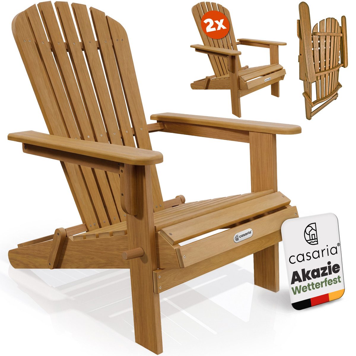 Casaria Gartenliege, Akazie Holz 160kg Belastbar Wetterfest Klappbar Armlehnen Garten