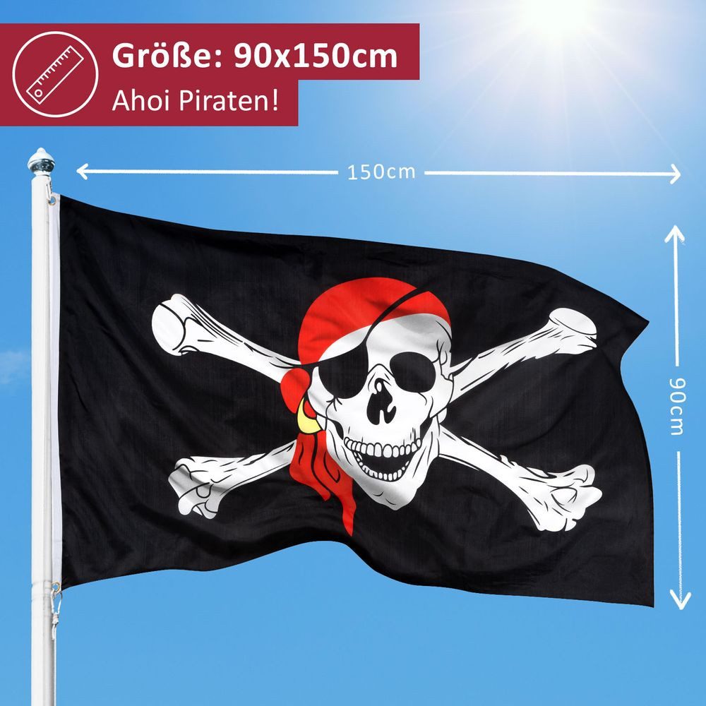 PHENO FLAGS Flagge Piraten Flagge 90 x 150 cm Piratenflagge Fahne Pirat (Hissflagge für Fahnenmast), Inkl. 2 Messing Ösen