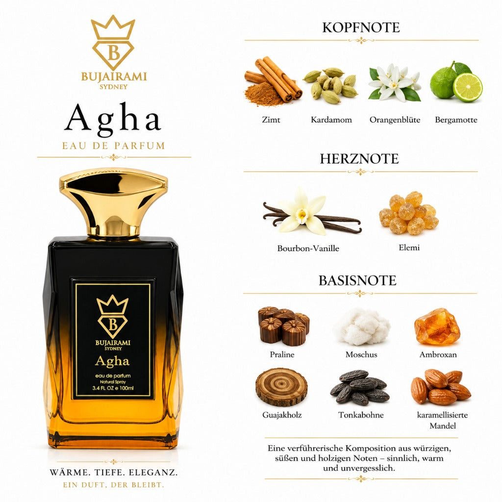 Bujairami Duft-Set Agha EDP – Würzig Gourmand + Parfümzerstäuber (leer)