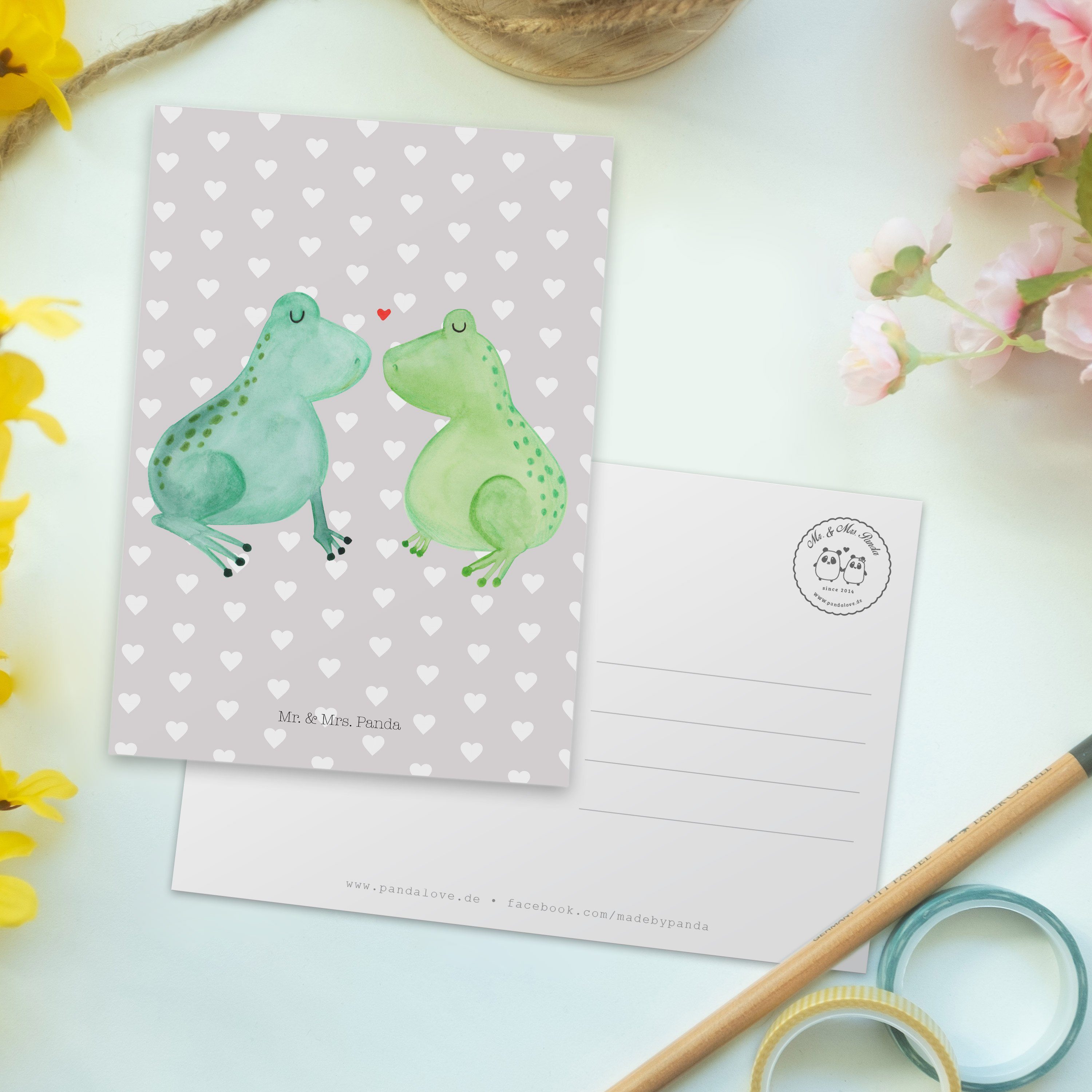 Mr. & Mrs. Pastell Postkarte Ansichtskarte, Geschenkkarte - Panda - Frosch Grau Liebe Geschenk