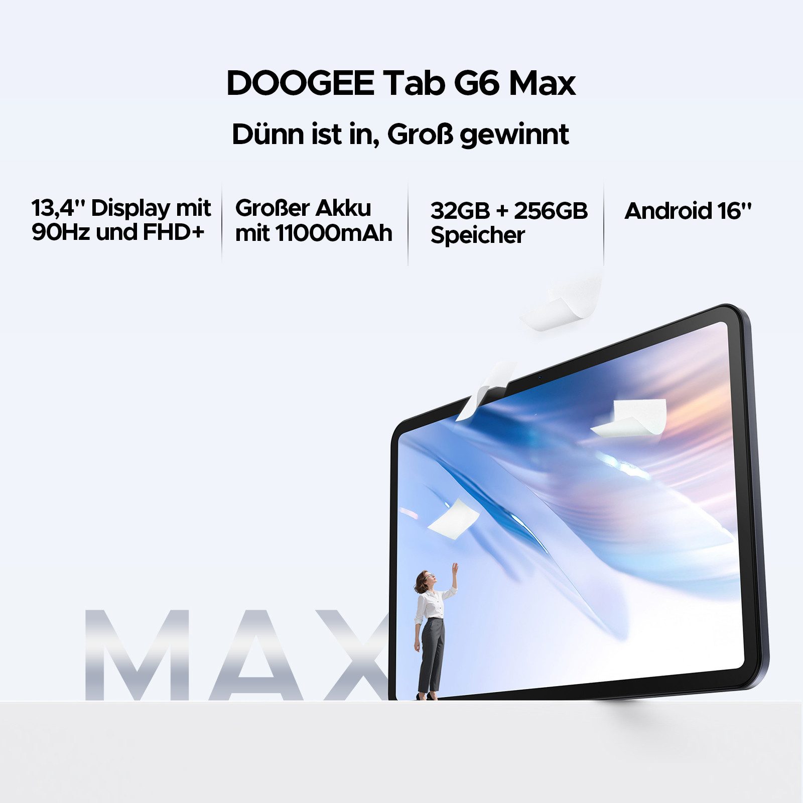 DOOGEE TABG6MAX 13.4'' Android 16 11000mAh 256GB mit Tastatur/Stift/Maus Tablet (13.4", 256 GB, Android 16, 4G, 13MP+8MP, Android 16, SIM-Karten-Support, FHD+ 90Hz)