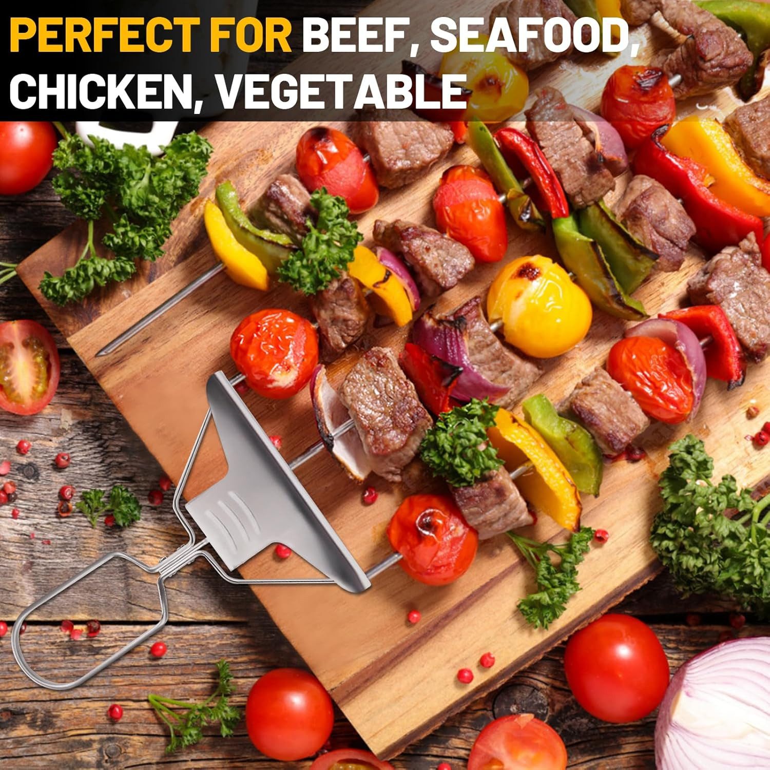 LA CUTE Grillspieß Edelstahl Grillspieße 3-fach mit Schiebemechanismus für sicheres BBQ (Grillspieß-Set mit innovativem 3-fach-Design für einfaches und gleichmäßiges Grillen, Wiederverwendbare Edelstahl-Brochetten Griff Schiebemechanismus), Robuste Edelstahl-Brochetten 3-fach-Spießen gleichmäßiges Grillen