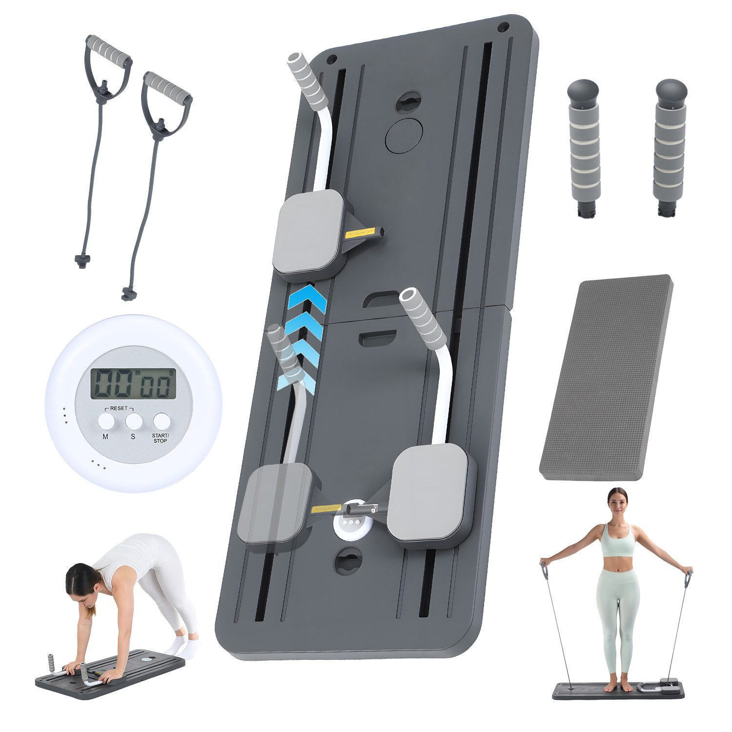 kehot Liegestützgriffe 4-in-1-Pilates-Board mit LED-Zähler,Widerstandsband,Klappbaren (mit Bauchmuskelrolle, Ellenbogenstütze, Widerstandsband, Multifunktionales Bauchmuskelbrett für Zuhause und Fitnessstudio)