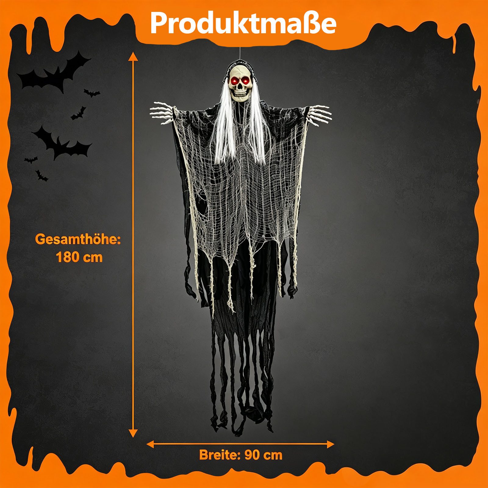 OZAVO Dekofigur Halloween Skelett Geist Hängender Geist Deko 180 cm mit Geräuschsensor (mit leuchtenden roten Augen&, ewegliche Arme), Halloween Deko außen für  – Bild 2 von 5