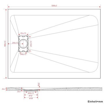 AQUALAVOS Duschwanne Duschwanne 120x90 cm Schwarz/Weiß Duschtasse Rutschfeste Schieferoptik, Sheet-Molding-Compound(SMC), Zuschneidbar, Abdeckung Siphon/ablaufgarnitur nicht Inklusive