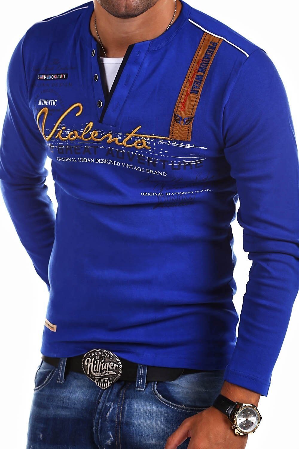 behype Langarmshirt ADVENTURE mit modischer Stickerei blau