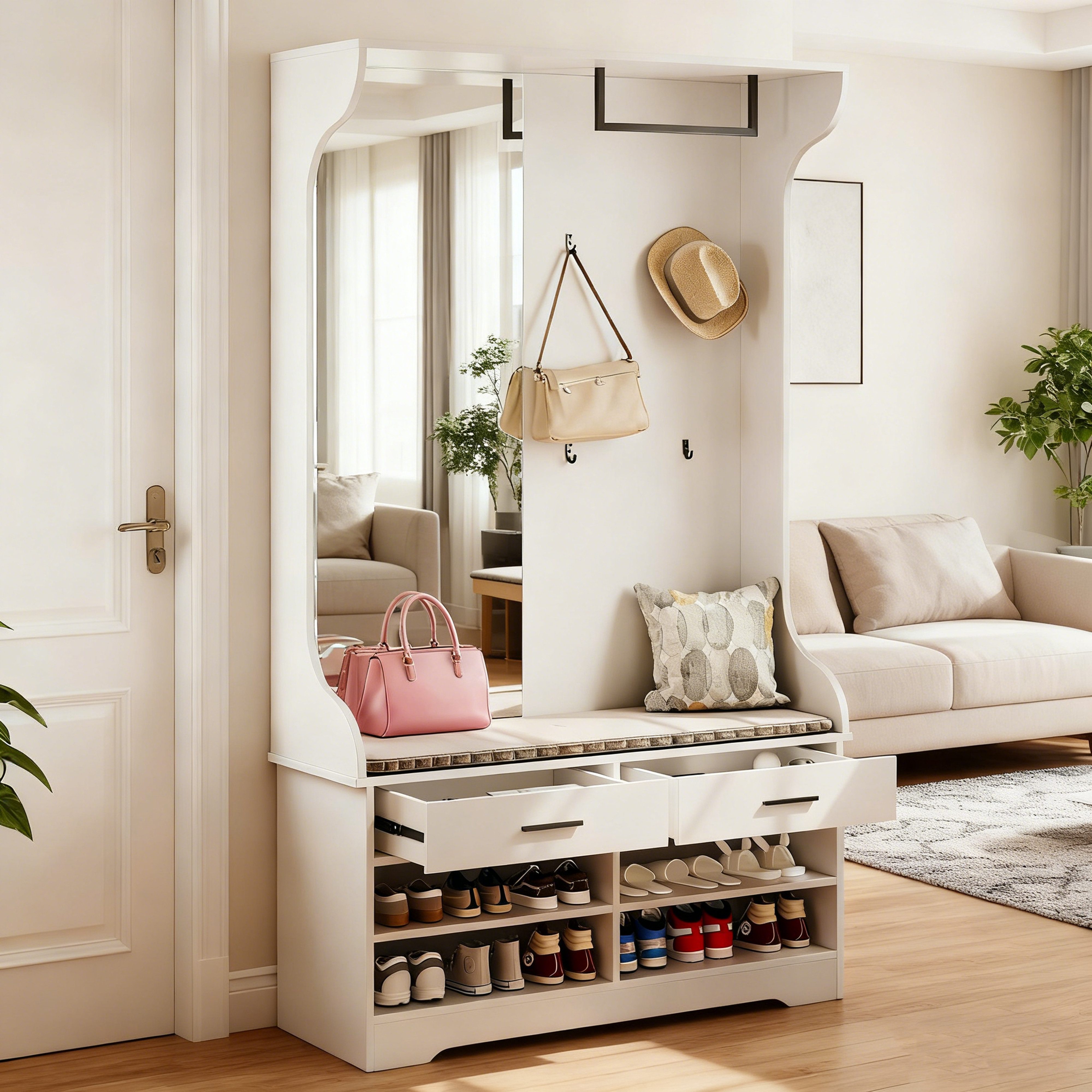 FUROKOY Kleiderständer Dielengarderobe, Wandgarderobe mit Spiegel, (Garderobenset mit Schuhschrank, 2 Schublade und Kleiderstange), für Flur, Wohnzimmer, Schlafzimmer, 104 x 35 x 180 cm, Weiß