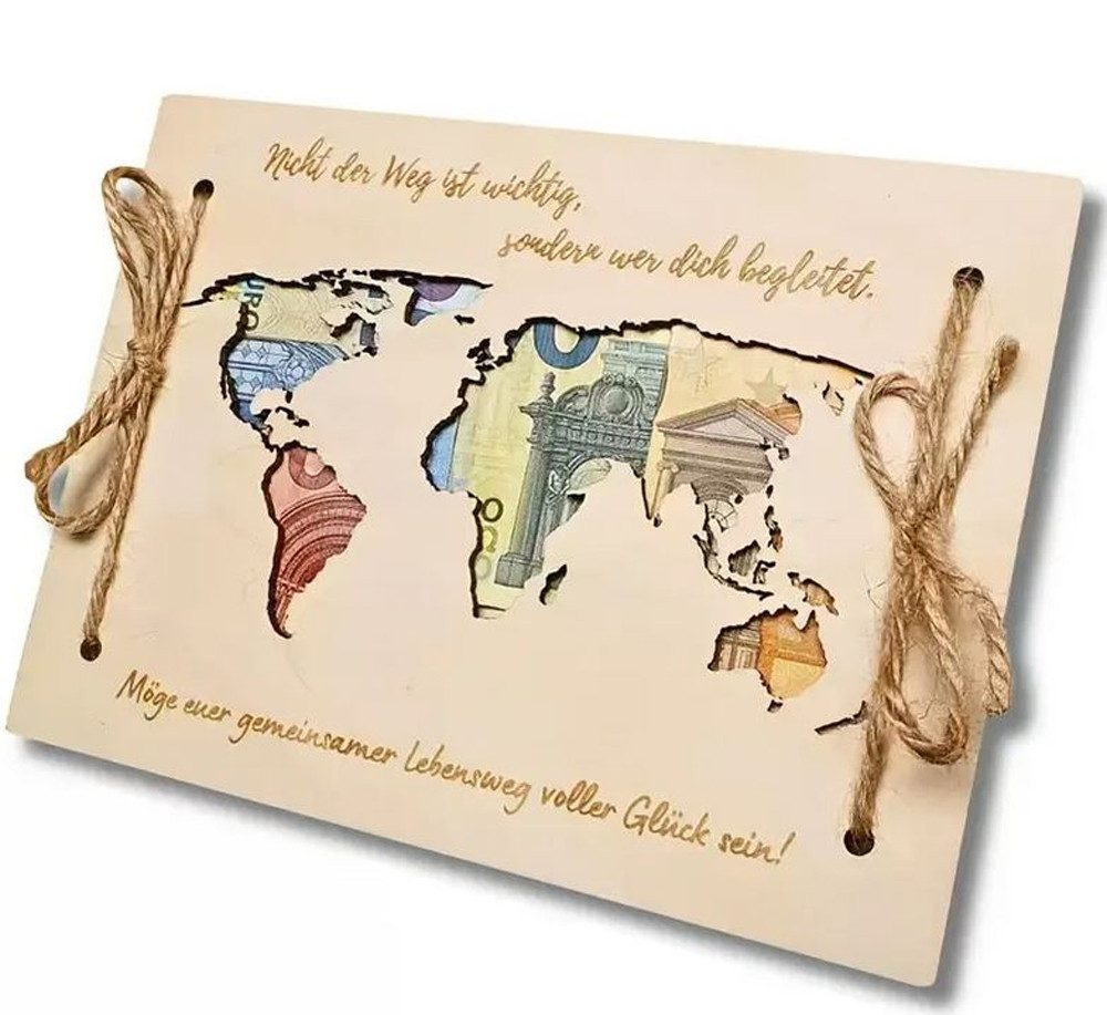 Trollingshop Geschenkkarte aus Holz, mit Weltkartenmotiv, Geldgeschenkkarte, tolle Geschenkkarte für das Reisegeld