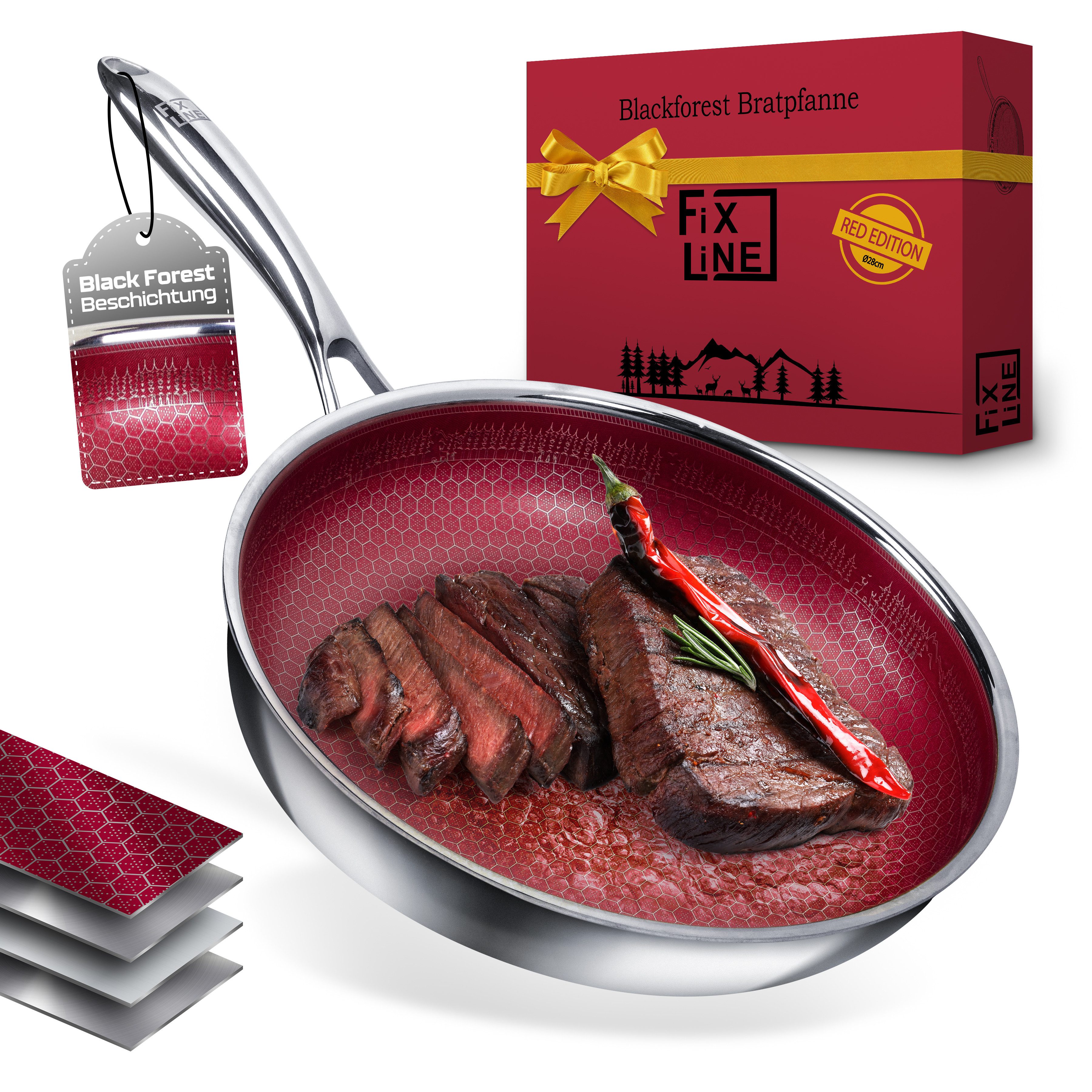 FIXLINE Bratpfanne 28cm BLACK FOREST Edition Kratzfeste Beschichtung Induktion, Edelstahl (Wabenboden, Pfanne), Perfekte Geschenidee