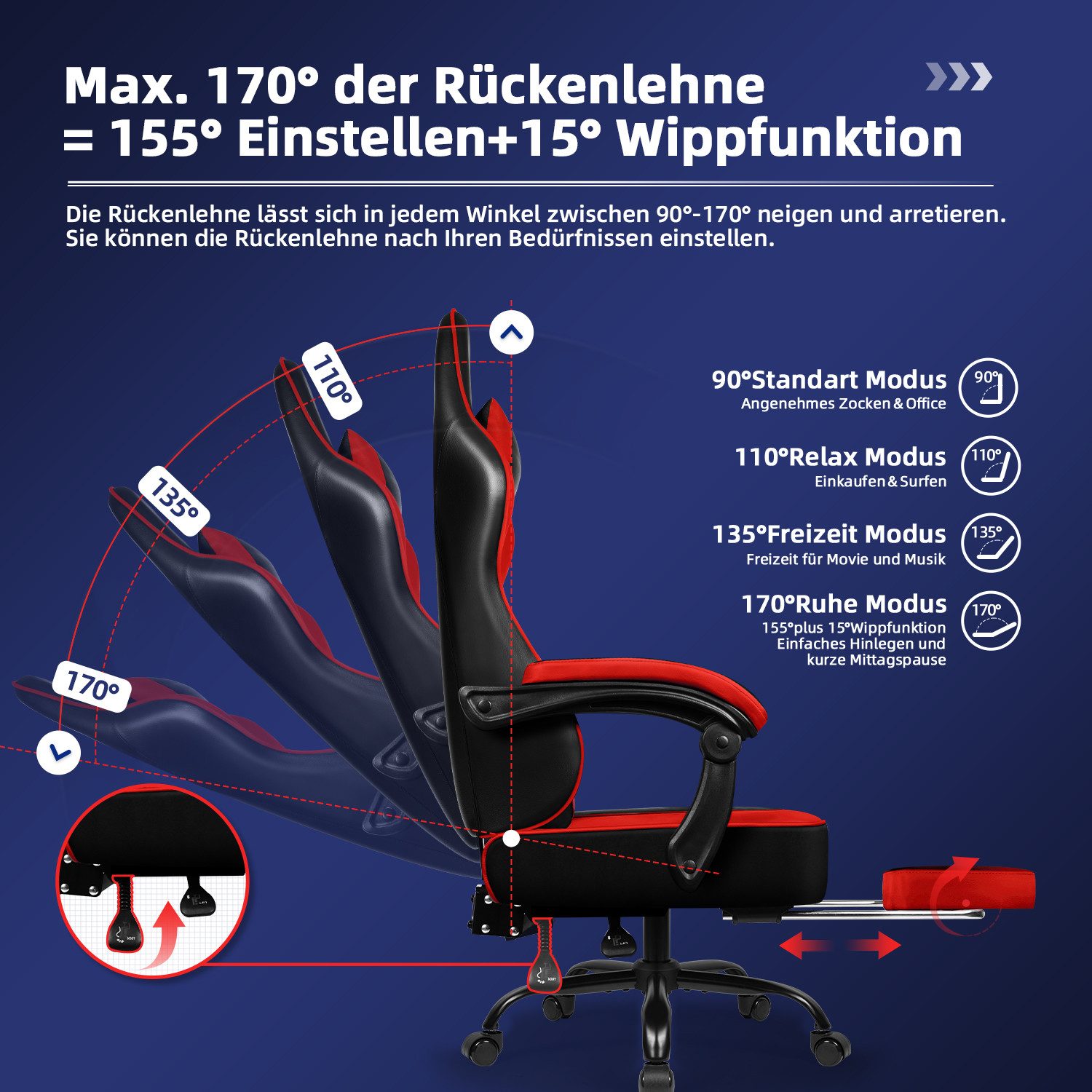 Hiazurm Gaming-Stuhl Gaming Stuhl, Bürostuhl Ergonomisch Wippfunktion bis zu 170° (Gaming Chair mit Fußstütze, 10 cm Höhenverstellung), Verstellbarem Lenden- & Kopfkissen, Gamer Stuhl 150kg Belastbarkeit