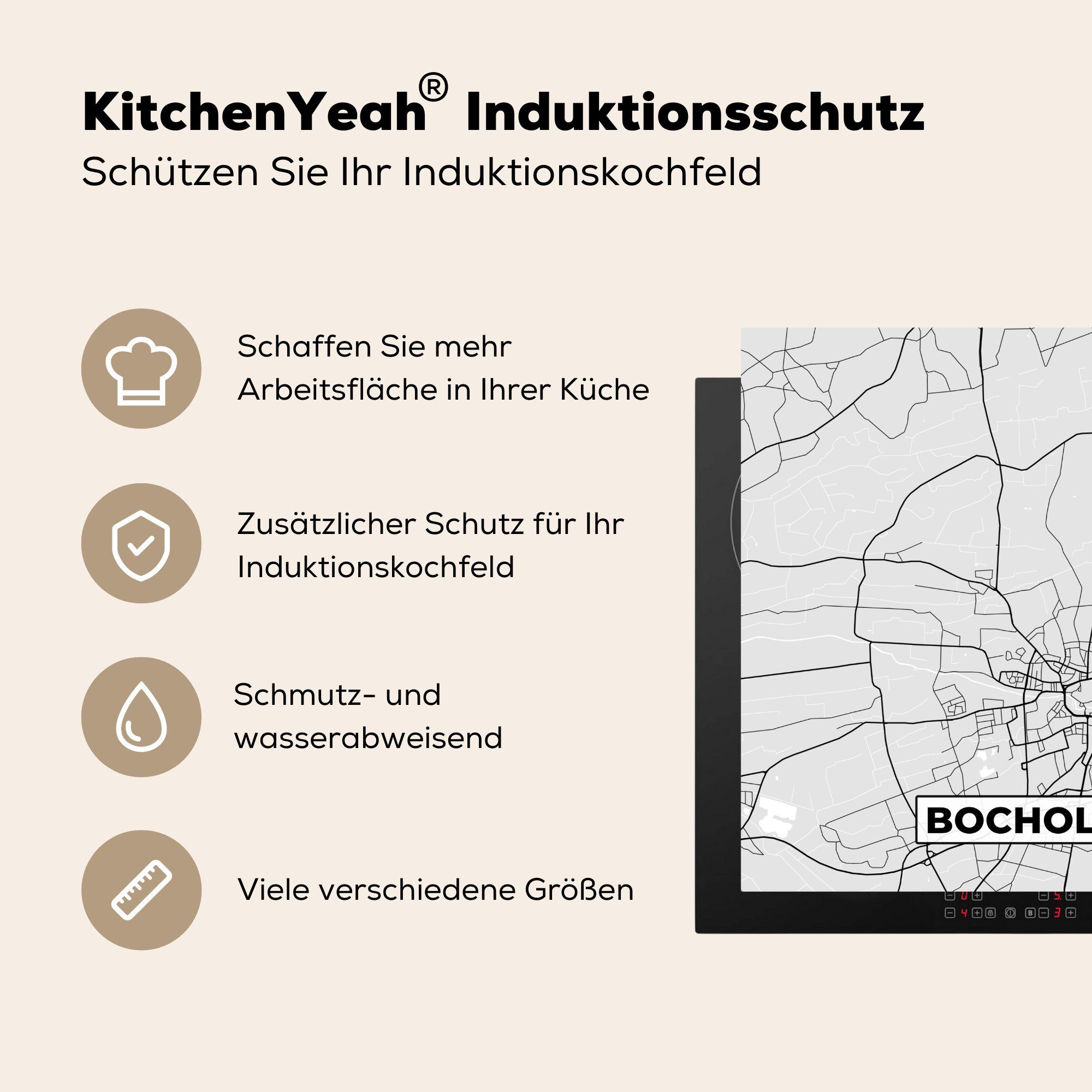 tlg), (1 MuchoWow für Karte Vinyl, 78x78 Ceranfeldabdeckung, Stadtplan Bocholt - Arbeitsplatte cm, küche Herdblende-/Abdeckplatte Deutschland, - -
