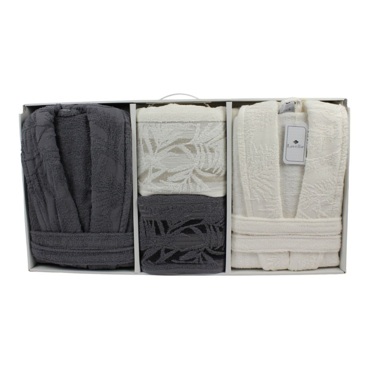 alesvelt Unisex-Bademantel Wellness Set 6 teilig aus Baumwolle, 2x Bademantel, 2x Badetuch, 2x Handtuch, mit Gürtel, 100% Baumwolle