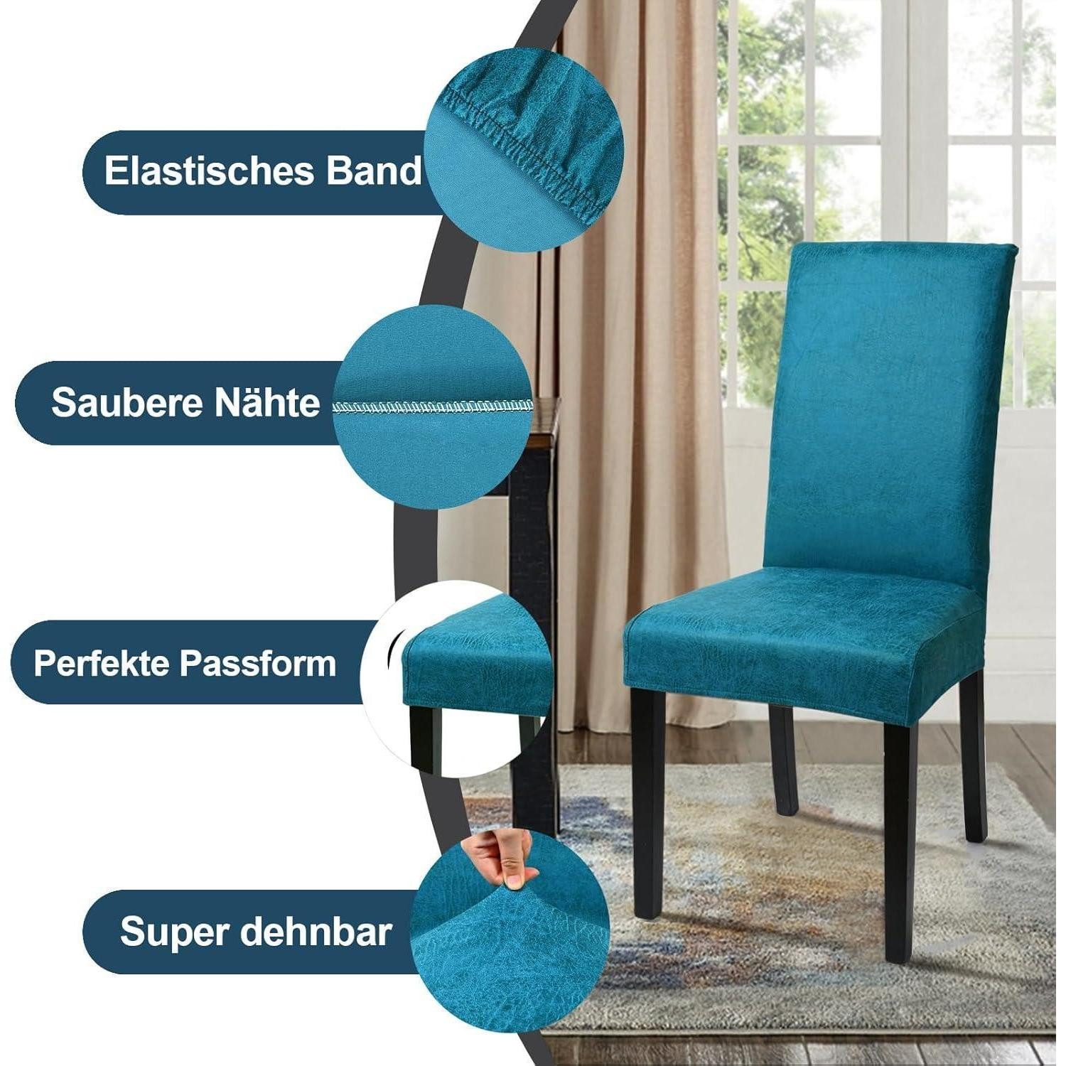 LuxusKollektion Stuhlbezug Stuhlhussen PU Stretch Schwingstühle Esszimmer Pfauenblau 6er Set – Bild 3 von 5