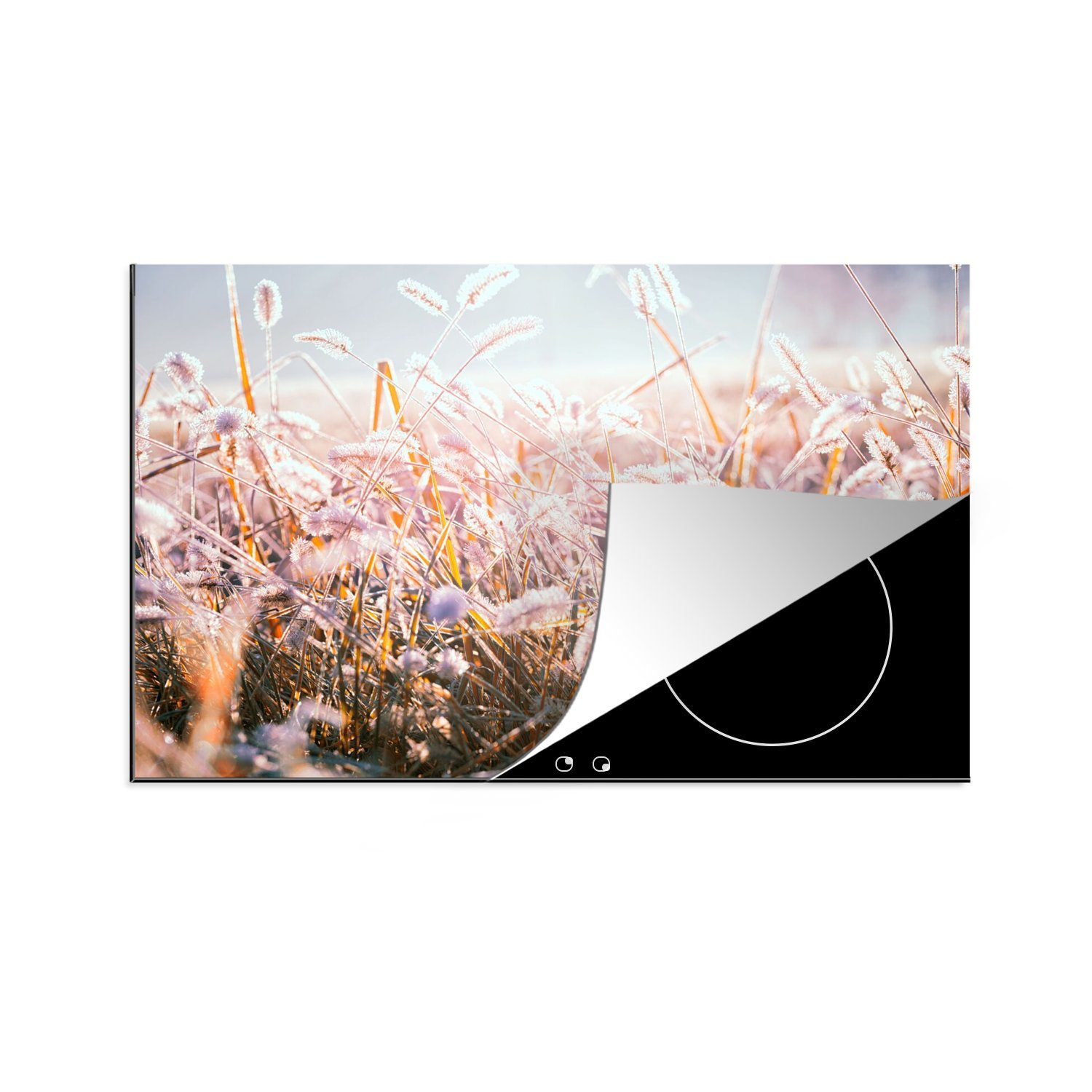 MuchoWow Herdblende-/Abdeckplatte Gras - Sonne - Winter - Schnee, Vinyl, (1 tlg), 80x52 cm, Induktionskochfeld Schutz für die küche, Ceranfeldabdeckung