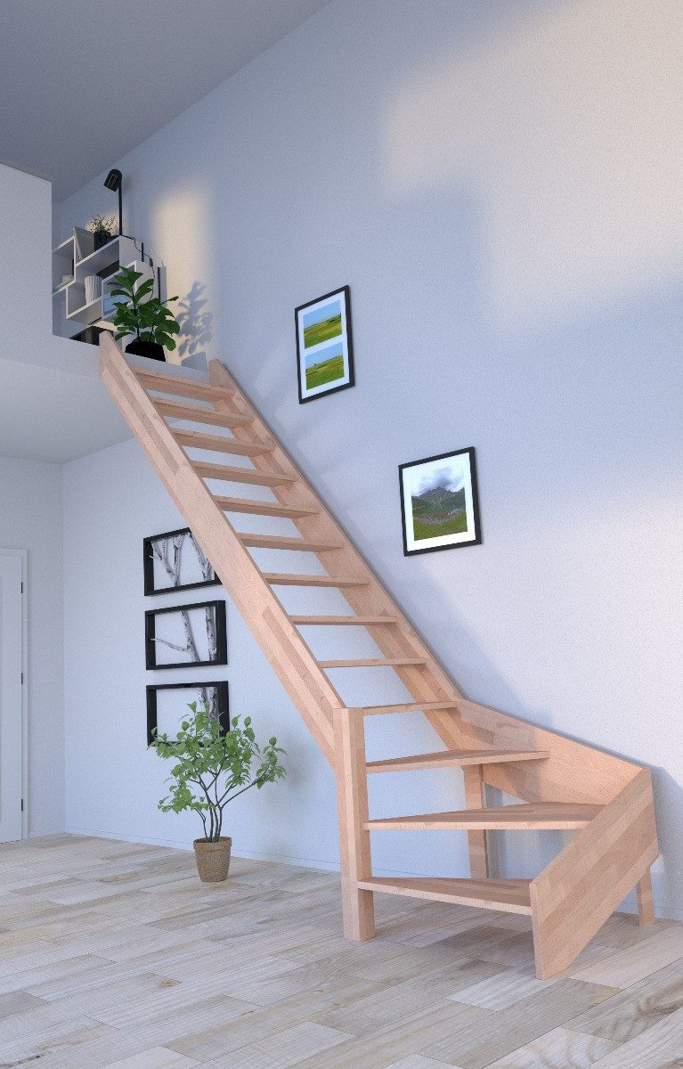 Starwood Raumspartreppe Holztreppe Rhodos in ¼ gewendelter Ausführung links-Buche-ohne