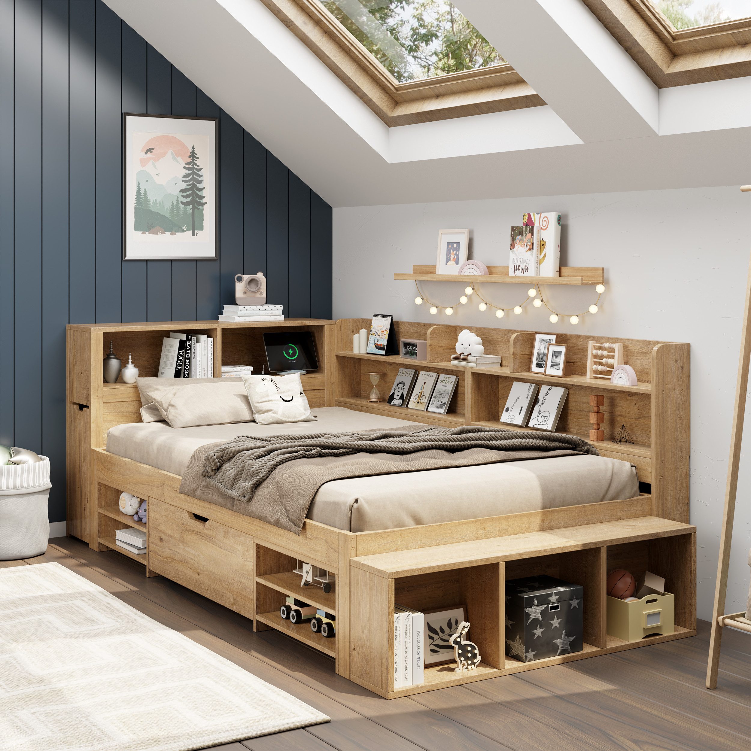 OKWISH Holzbett großer Stauraum (Stauraumbett, Kinderbett, 1-tlg., 90*200 cm, mit Matratze(H16cm), mit ausziehbarer Nachttisch Schubladen, Regal und Stauschrank