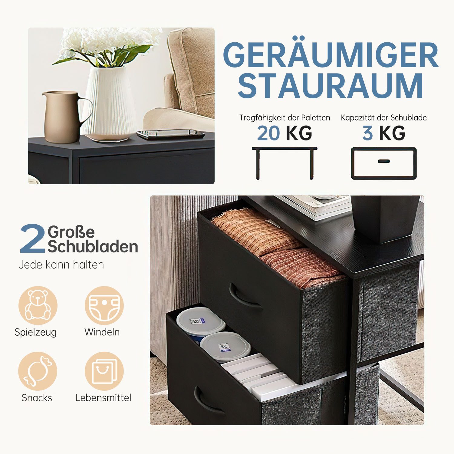 Refined Living Kommode Schubkastenkommode mit 2/4/5 /7/8/9 Schubladen stabilem Stahlrahmen (Nachttisch 2st - Schrank 2 Stoffschubladen mit Griffen Metallgestell, Vertikaler Stauraum Organizer Einheit 50cm Hoch Max Belastbarkeit 20kg), Kleine Schlafsäle und Apartments, Kinderzimmer, Einstiegsmöbeloptionen