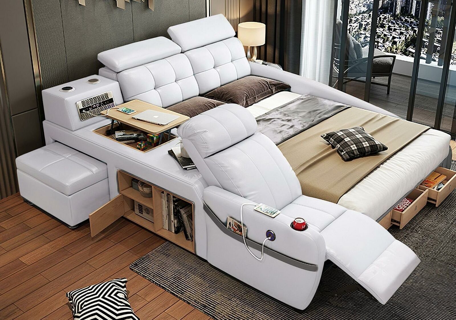 JVmoebel Multimediabett Bett Massage Liege Multifunktion Кровати Polster USB Regal Leder (1-tlg), Made in Europa