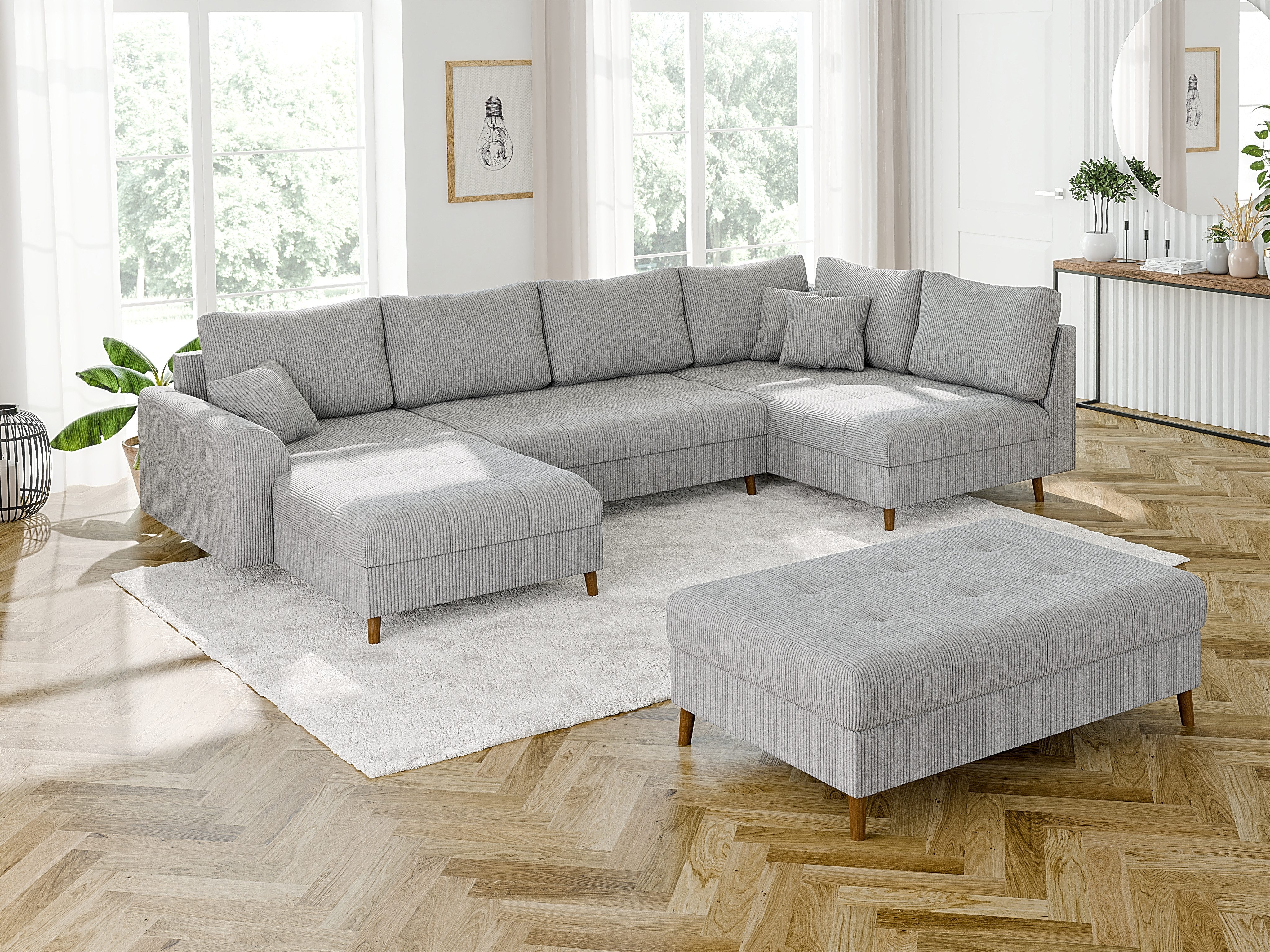 S-Style Möbel Wohnlandschaft und Hocker Zara mit Schlaffunktion aus Cord-Stoff mit Braun Holzfüßen, Ottomane links oder rechts bestellbar. Schlaffunktion in Kombination mit Hocker möglich., mit Wellenfederung