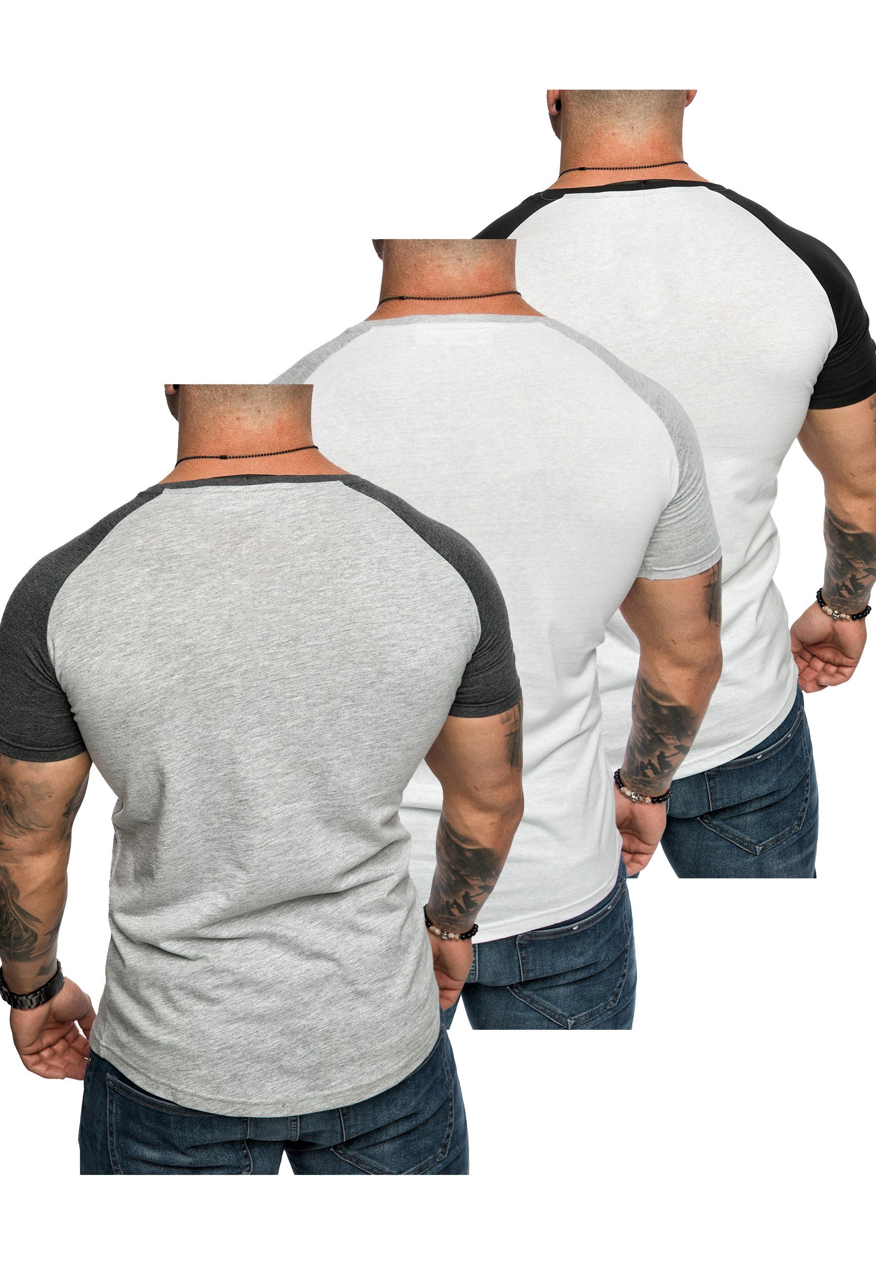 + + 3er-Pack Kontrast Amaci&Sons Grau/Anthrazit) Raglan Basic T-Shirt T-Shirt (3er-Pack) (Weiß/Schwarz T-Shirts 3. Oversize Herren Weiß/Grau OMAHA