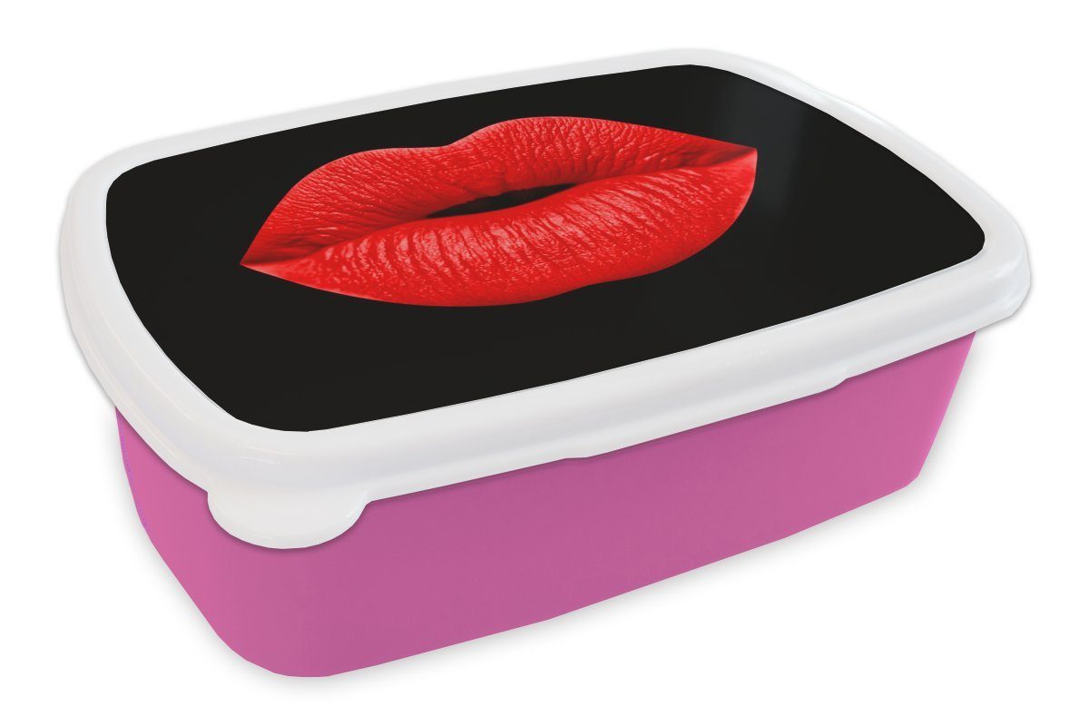MuchoWow Lunchbox Lippen - Rot - Schwarz, Kunststoff, (2-tlg), Brotbox für Erwachsene, Brotdose Kinder, Snackbox, Mädchen, Kunststoff rosa