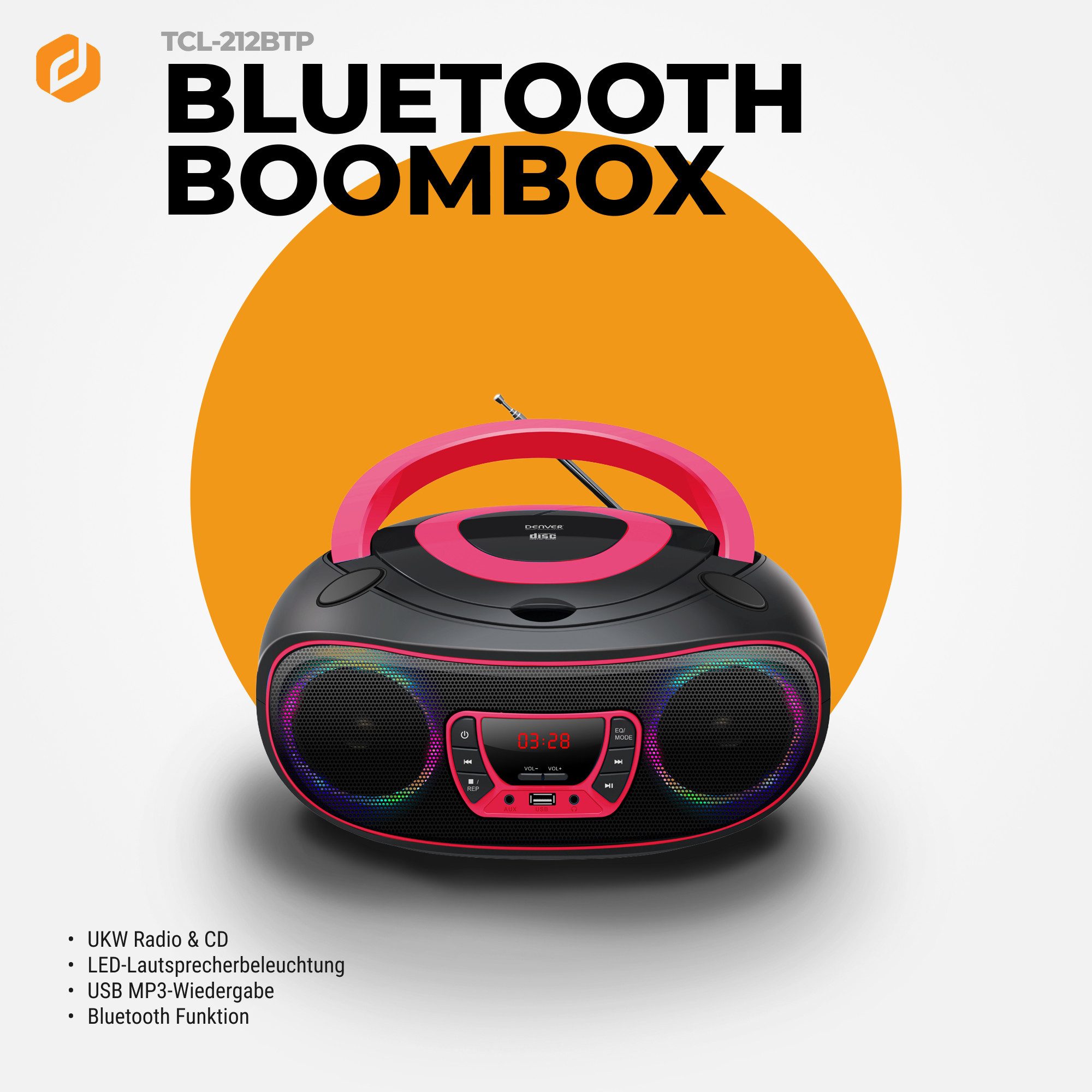 Denver TCL-212BTP CD-Player (Bluetooth, LED-Beleuchtung in Lautsprechergittern, Bluetooth, USB & AUX, CD/FM, LED-Beleuchtung in Lautsprechergittern, Bluetooth, USB & AUX, CD/FM)