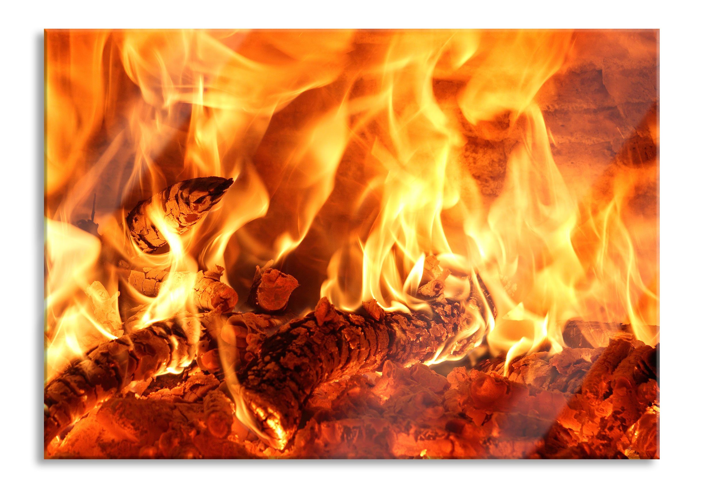 Feuer im Abstandshalter Echtglas, St), Aufhängungen Pixxprint Glasbild Feuer, (1 inkl. Gemütliches aus und Holz Glasbild Gemütliches Holz im