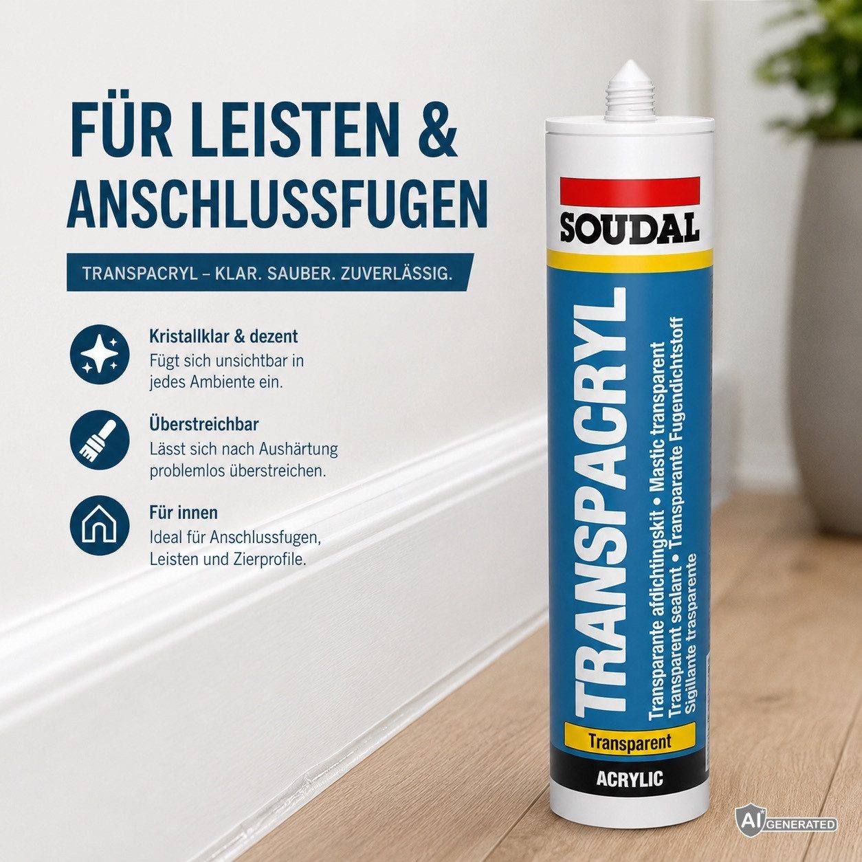 SOUDAL Maleracryl Transpacryl Acryl Dichtstoff 310 ml Transparent, Gebrauchsfertig, Transparenter Acryl-Dichtstoff für Fugen & Risse – Bild 4 von 5
