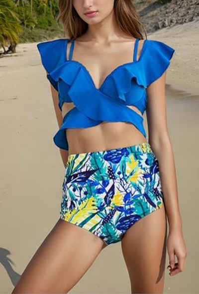 HOTDUCK Bustier-Bikini Split Bikini Set Ruffle Print Mode Hohe Taille Badebekleidung