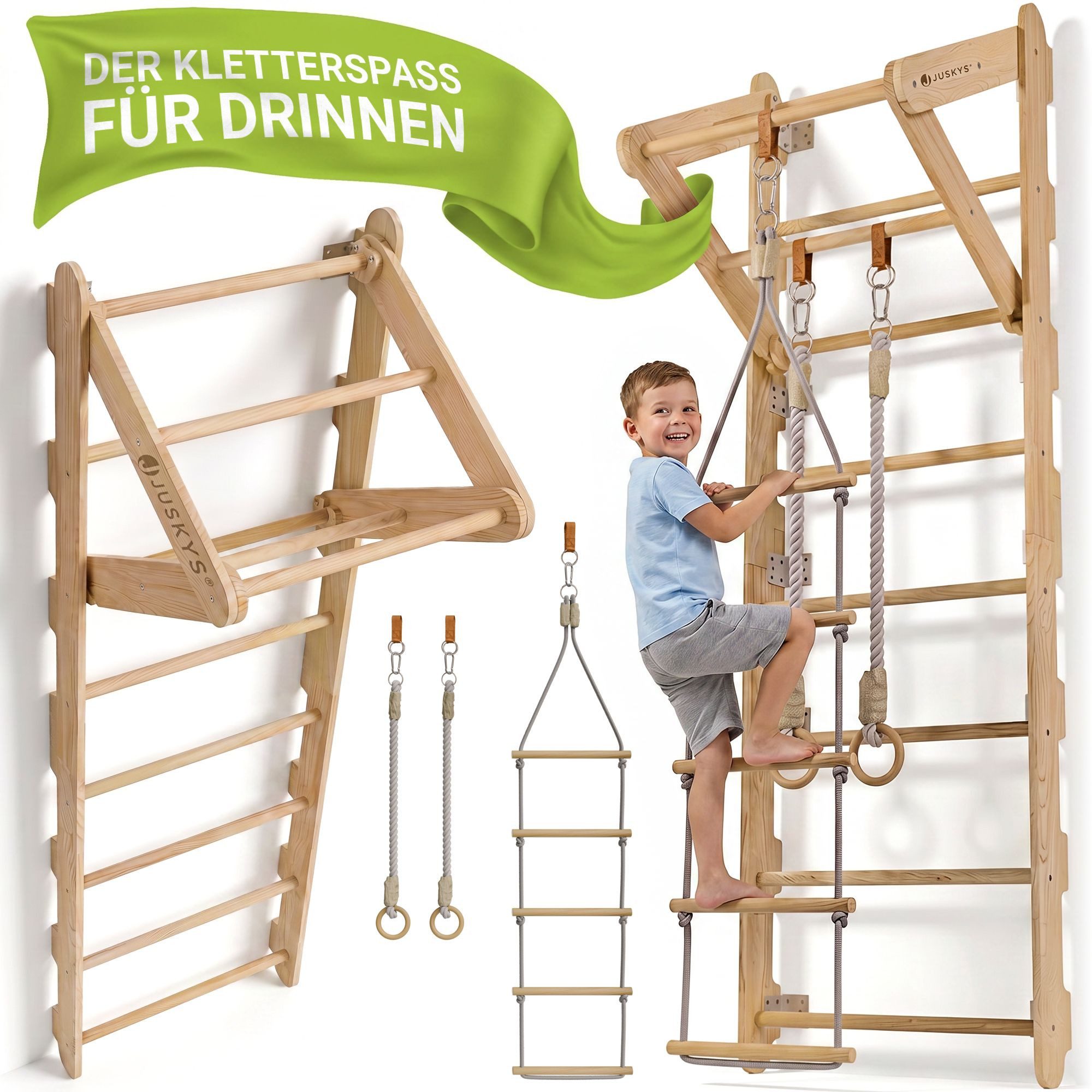 Juskys Sprossenwand, für Kinder, Kletterwand mit Strickseil, Turnringen und Klimmzugstange