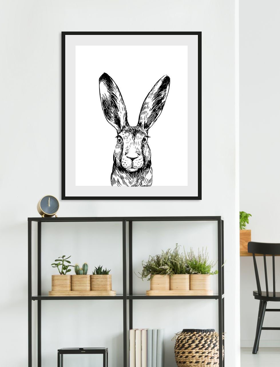 queence Bild Matias, Hase, Hasen, Haustiere, Kunst, Schwarz-Weiß (1 St), HD Premium Poster-Druck inkl. Holzrahmen