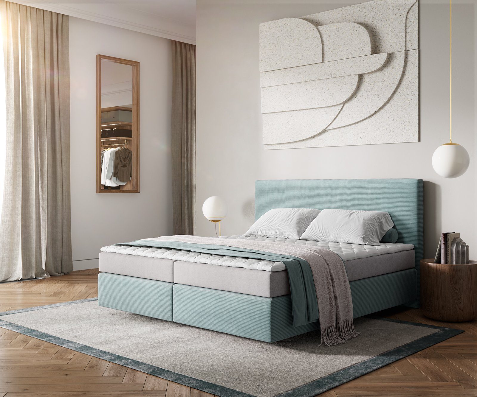 DELIFE Boxspringbett Dream-Well, Cord Pastellblau 180x200 günstig online kaufen