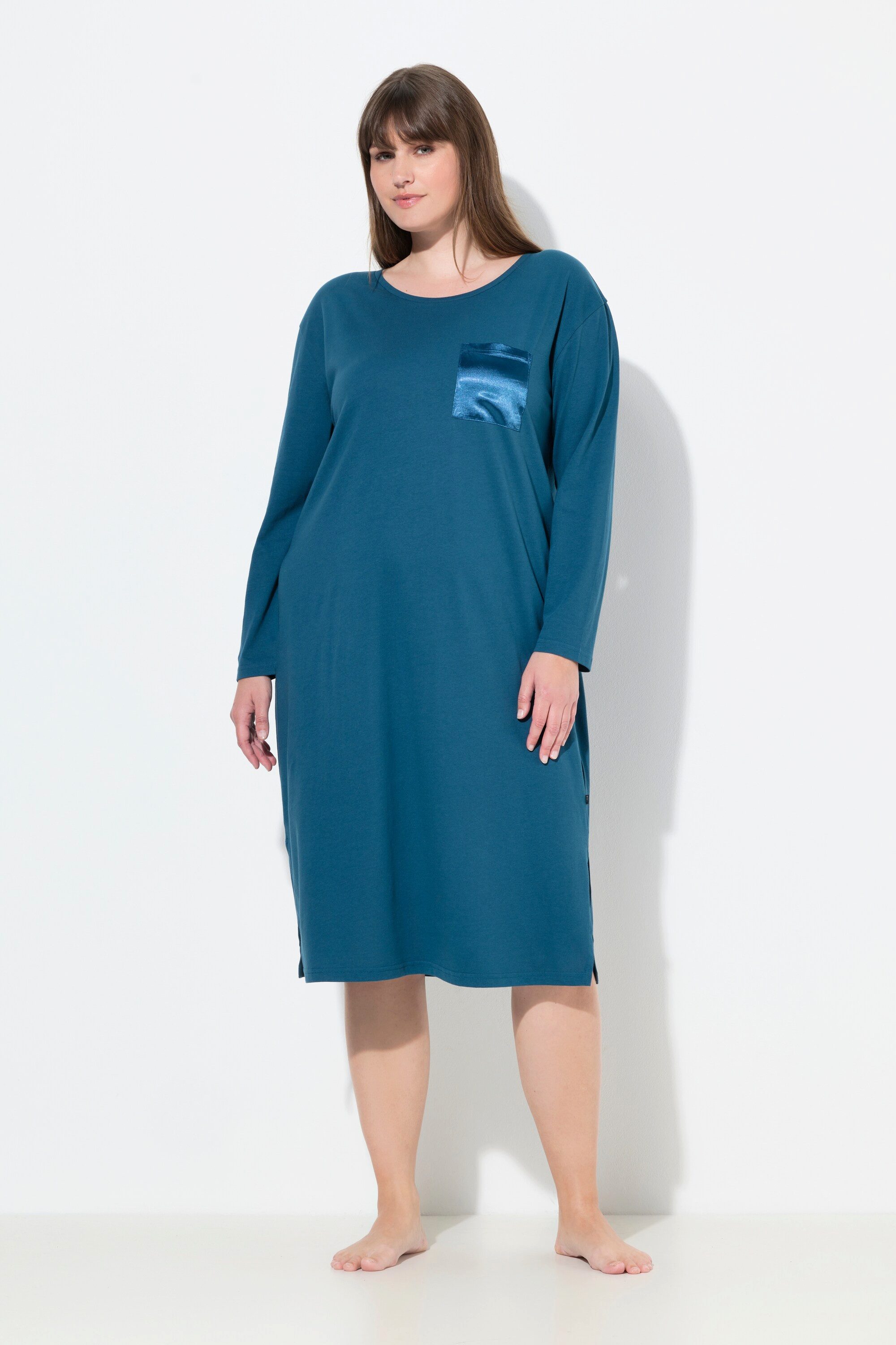 Ulla Popken Nachthemd Nachthemd Satin-Brusttasche Rundhals Langarm günstig online kaufen