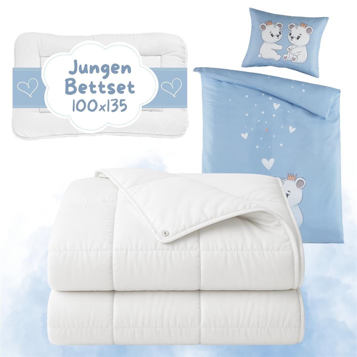 Carpe Sonno Kinderbettdecke + Kopfkissen + Постельное белье 100x135 40x60 Baby Säugling Bettset Erstlingsausstattung, Füllung: silikonisierte Hohlfaser, Bezug: 100% Polyester, Babybett Bettenset ALL IN ONE Jungen Bären