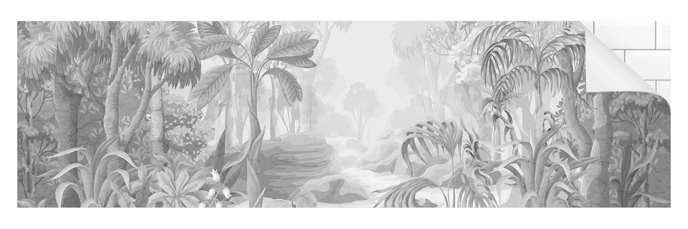 Bilderdepot24 Badrückwand grau fugenlose Wandverkleidung Bad Tropisch, (Hartfolie matt » Selbstklebend SMART 0,35 mm), wasserfestes Wandpaneel Grafischer Dschungel Schwarz-Weiß