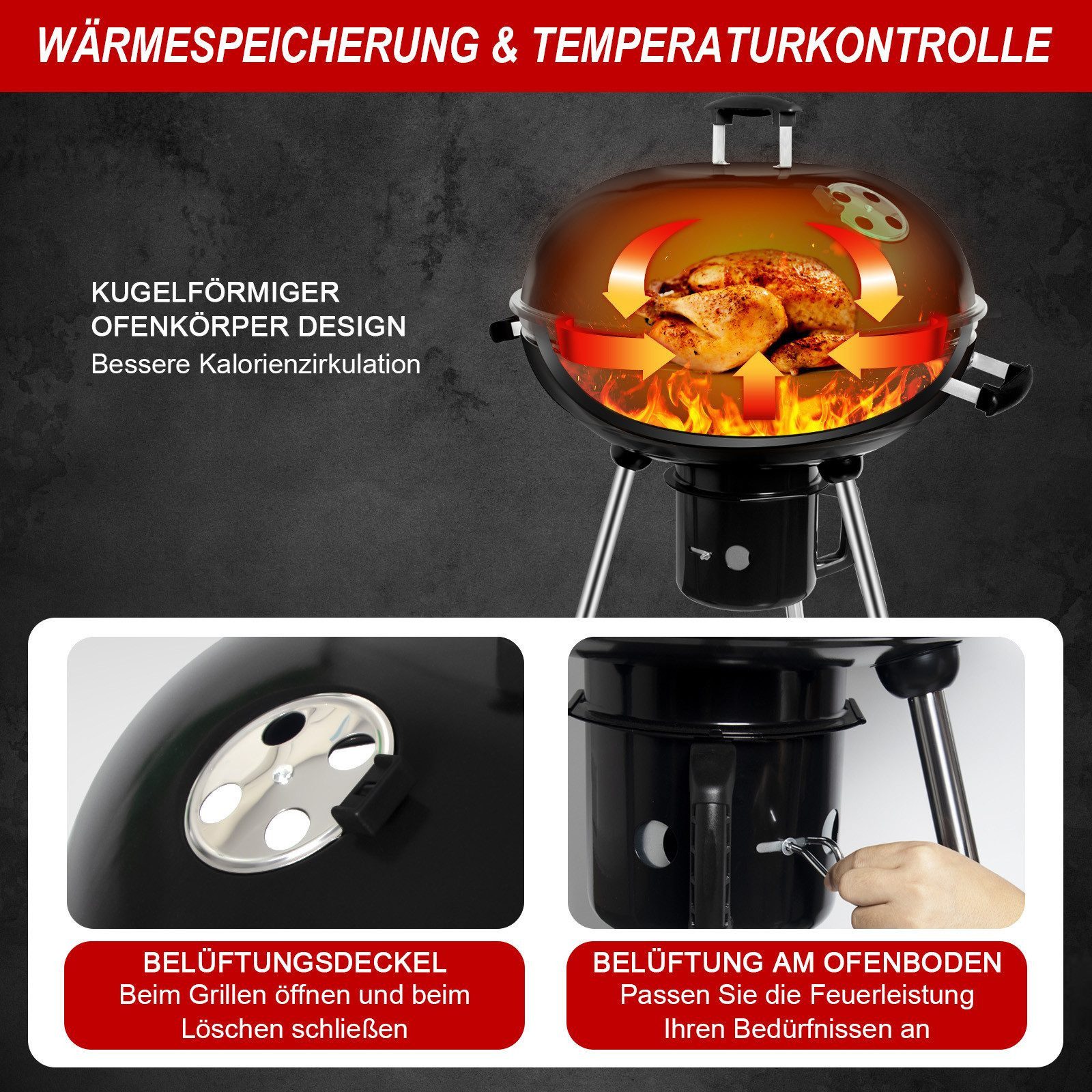 SunJas Holzkohlegrill CA-208 Kugelgrill Campinggrill mit Deckel Rollen und Auffangschale, Ø 57cm Geeignet für 6–9 Personen, BBQ Grill Standgrill Grillwagen Rundgrill kohlegrill