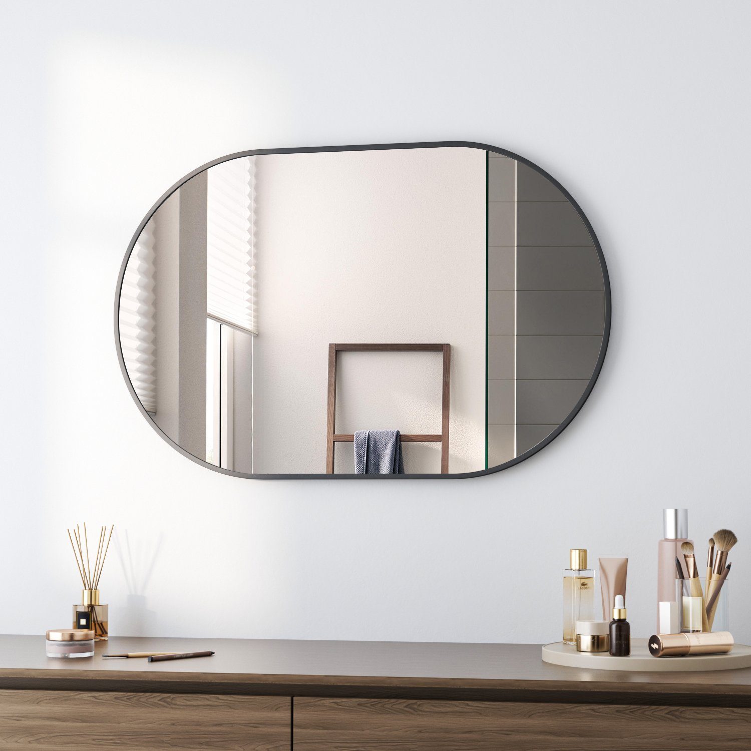 Boromal Dekospiegel Schminkspiegel Schwarz Wandmontage Flurspiegel Metall Rahmen 50x80cm (HD Spiegel, für Schlafzimmer, Wohnzimmer, Flur, Bad), explosionsgeschützt, Vertikal Horizontal möglich,hängend,Wand gelehnt