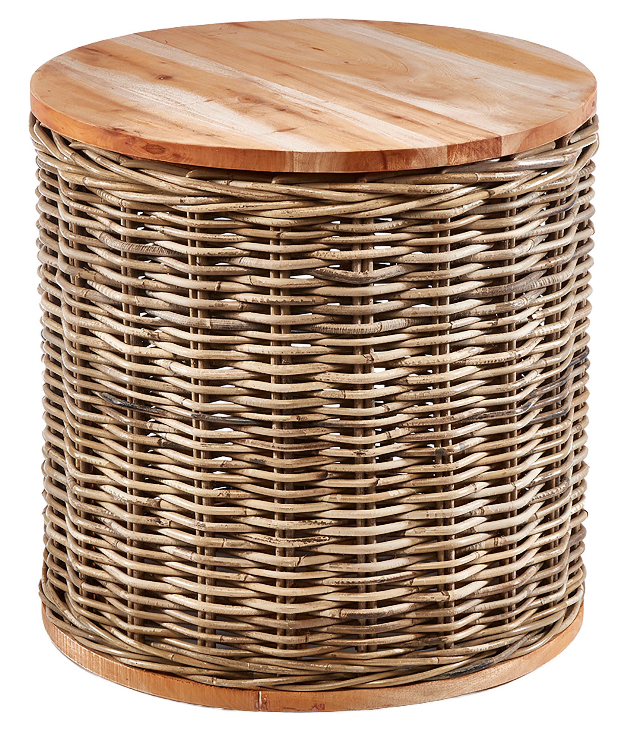 Kobolo Beistelltisch Tisch MARTA Holz und Rattan mit abnehmbaren Deckel (Einzelstück, 1-St., Einzelstück), Dm. 51x H 50,50 cm