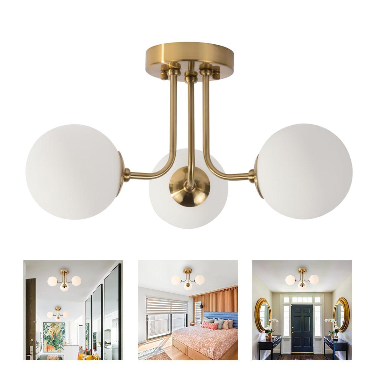Welikera Deckenleuchte 3-Kopf-Deckenlampe Kugelförmig für m² 10-15 Gold Raum,E27-Lampenfassung
